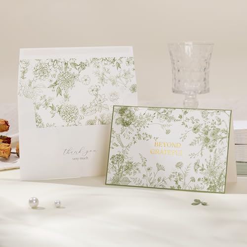 Crisky 4x6 Beyond Grateful Thank You Cards with Envelopes Bulk, 50 Pack Green Floral Thank You Notes with Envelopes Set for Bridal Shower, Wedding Engagement, Baby Shower, Graduation, Birthday - style: Modern