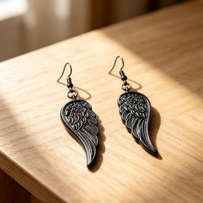 coadipress Angel Wing Earrings for Women Unique Silver Plated Fairy Feather Guardian Dangle Drop Hook Earrings Jewelry - color: Black Light Wing