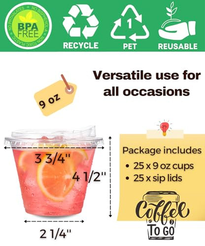 9 oz Clear Plastic Cups with Strawless-Sip-Lids, 25 Sets Disposable Cups Plastic Iced Coffee Cups, To Go Cups with Sip Through Lids for Smoothie, Milkshake, Cold Drinks for Party, Wedding, Event - size: 9 oz Regular