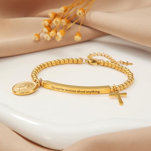 DS Women Christian Charm Bracelet,Cross Scripture Stainless Steel Jewelry - style: Do not be anxious about anything.-Gold