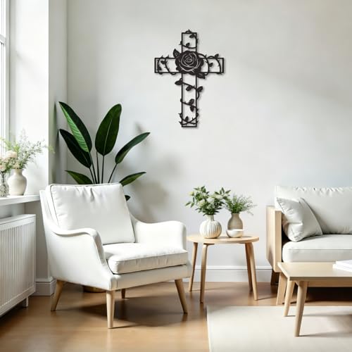 Zzbakress Metal Rose Cross Wall Decor Unique Elegant Black Cross Wall Art Modern Hollow-Carved Design Metal Cirrus Home Decor for Living Room,Bedroom,Kitchen,Dining Room (Unique) - style: Unique