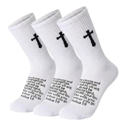 3 Pairs Unisex Cross Socks,Gifts for Christian: Easter Christmas - color: Joshua 1:9 - White