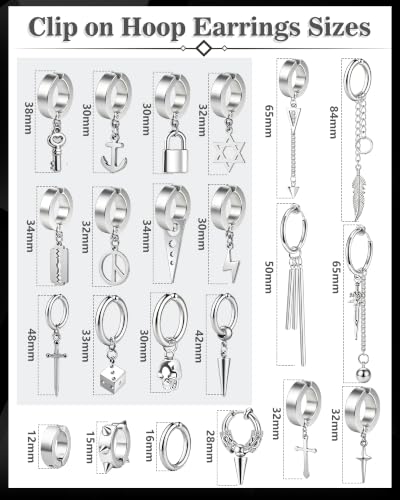 ONESING 20-25 Pcs Clip On Earrings for Men - Dangle Hoop Sterling Non Pierced Fake Piercings - Stainless Steel Silver - color: Silver-25pcs