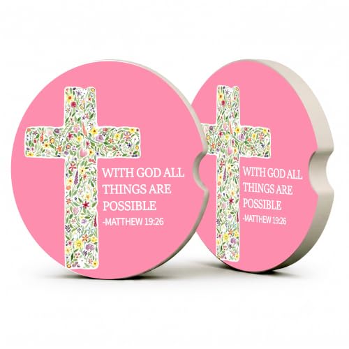 Pink Christian Bible Car Coasters, Floral Cross Scripture Cup Holders, 29 - color: Floral Cross