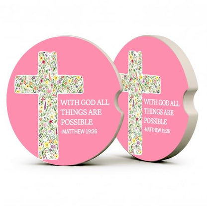 Pink Christian Bible Car Coasters, Floral Cross Scripture Cup Holders, 29 - color: Floral Cross