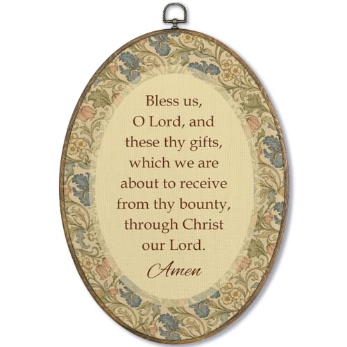 Fewgb Catholic Prayer Bless Us O Lord Oval Wall Art Decor for Dining Room Kitchen, Vintage Christian Mealtime Prayer Canvas Wall Art Framed Prints, Religious Floral Hanging Decor Picture Artwork 9x12 - color: catholic-01