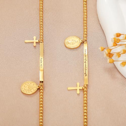 DS Women Christian Charm Bracelet,Cross Scripture Stainless Steel Jewelry - style: God is our refuge and strength-Gold