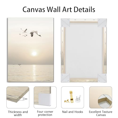 WENGTIAO Seascape Wall Art Beige Reeds Sunset Canvas Paintings 16"x24"x3 - color: Peaceful Bridge Beside Sea, size: 16"x24"x3Pcs