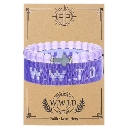 WWJD Bracelets Set WWJD Wristbands Christian Cross Bracelet Stackable Clay Bead Bracelets Stretch Glass Beaded Inspirational Christian Jewelry Gift for Couples Women Men - color: 2 Pcs Purple