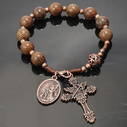 Nazareth Store Wood Beads One Decade Rosary Handmade Pocket Car Mirror with Saint Medal and Jesus Cross in Antique Bronze Wooden Travel Friendly Rosary - style: St. michael medal & cross