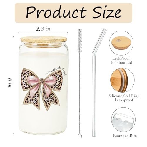 IWXYI Coquette Pink Leopard Bow Christian Glass Cup with Lids and Straws 14oz, It Is Well with My Soul Bible Verse Religious Iced Coffee Tea Drinking Glasses with Cleaning Brush - color: Leopard Bow