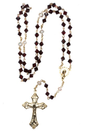 Catholic Prayer Rosary Created with Swarovski® Crystals-Glass-Silver-Gold - color: Garnet - January - GOLD