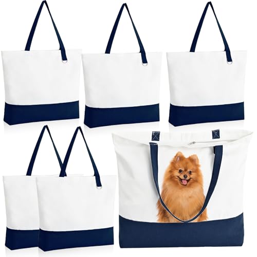 6-Pack Canvas Tote Bags with Zipper, Large Grocery Tote, Navy Blue - color: Navy Blue/White