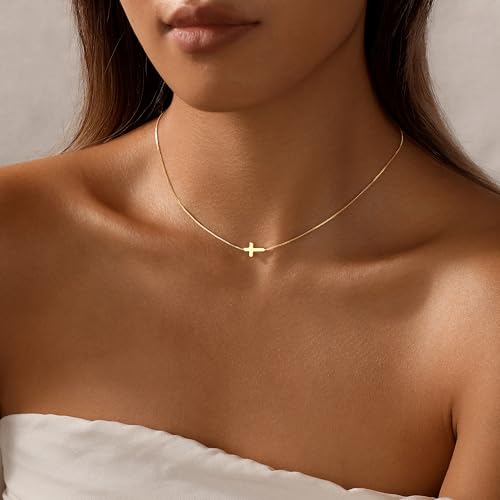 Rotnso Cross Necklace for Women 14K Gold Plated Dainty Small Pendant Choker - style: Thin Box Chain Sideways Cross-GD