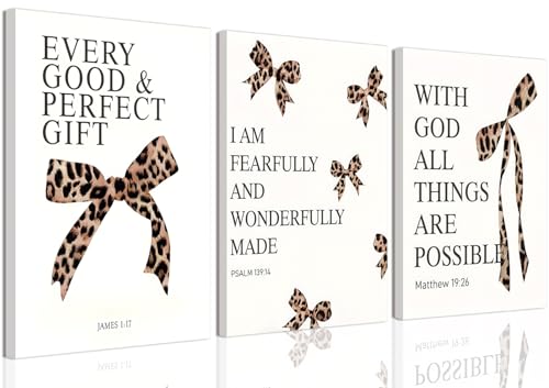 Leopard Bow Wall Art, Y2K Cheetah Print Room Decor for Teen Girls, Inspirational Bible Verses Bow Wall Decor Canvas Pictures Aesthetic for Bedroom Bathroom Dorm 12x16 Inch Framed - color: Leopard print bow, size: 16L"x12W"