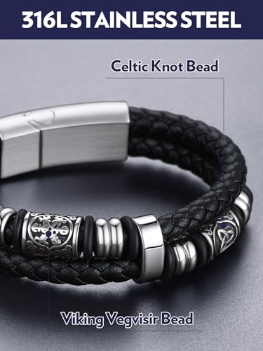 Bandmax Men's Black Double Wax Rope Bracelet Waterproof Stainless Steel Norse Style Celtic Knot Beads Wristband 7-9 Inch Gift for Men Father Husband Son Grandson - color: 01 Silver Tone, size: 9 Inches (23cm)