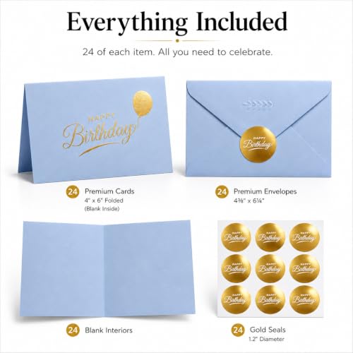 Happy Birthday Cards with Envelopes and Stickers, 24 Pack, Dusty Blue Greeting Cards with Gold Foil Balloon Design, Elegant Birthday Card Set for Friends, Family, Clients (Dusty Blue) - color: Dusty Blue