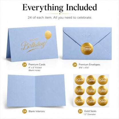 Happy Birthday Cards with Envelopes and Stickers, 24 Pack, Dusty Blue Greeting Cards with Gold Foil Balloon Design, Elegant Birthday Card Set for Friends, Family, Clients (Dusty Blue) - color: Dusty Blue