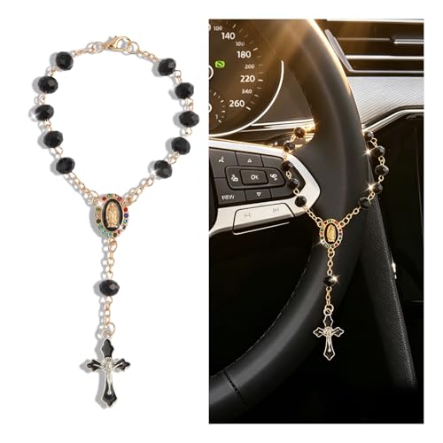 Car Rosary for Rearview Mirror,Rhinestone Cross for Car Steering Wheel Charm as Catholic Religious Gifts,Rosary for Cars Steering Wheel Chain as Cars Mirror Hanging Accessories Cross (Black) - color: Black