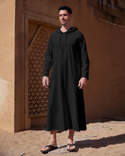 YAOHUOLE Long Sleeve Kaftan Thobe Button down Men Thobe with Pocket Big and Tall Kaftan Muslim Men Thobe - color: Black, size: X-Large