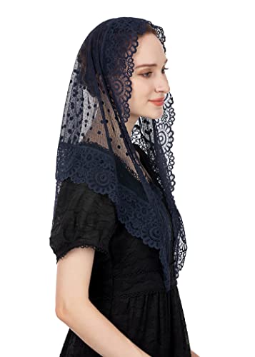 Wgior Triangle Vintage Inspired Lace Chapel Veils Catholic Mass Head Covering Scarf Mantilla Veils for Church - color: Navy Blue