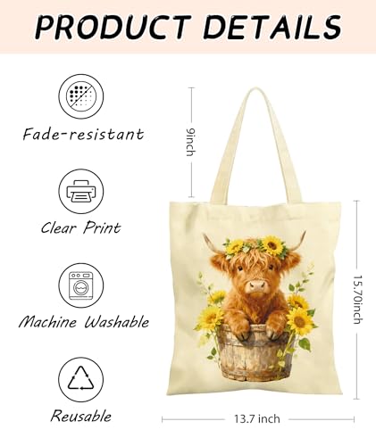 Women's Canvas Tote Bags with Inner Pockets & Metal Snap, Reusable Tote Bag for Girl's Vacation Travel Gym Shopping - color: Highland Cow