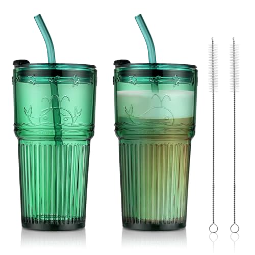 Joeyan Green Glass Tumbler with Lid and Straw,Embossed Iced Coffee Cups with Whale Pattern,Colored Striped Drinking Jars,Water Juice Beverages Soda Glasses,18.5 oz,Set of 2,Dishwasher Safe - color: Green-3