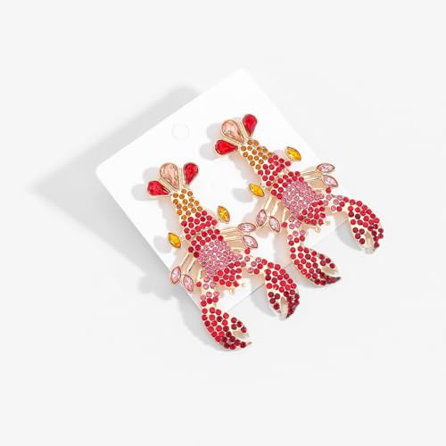 Creative Exaggerated Ocean Animal Drop Dangle Earrings for Women, Bohemia Style Alloy Lobster Octopus Fish Crab Earrings for Summer Beach Holiday Party Jewelry Gifts - style: Pink Red Rhinestone Lobster Earrings-H