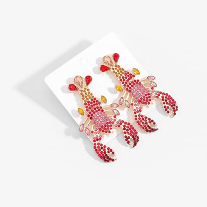 Creative Exaggerated Ocean Animal Drop Dangle Earrings for Women, Bohemia Style Alloy Lobster Octopus Fish Crab Earrings for Summer Beach Holiday Party Jewelry Gifts - style: Pink Red Rhinestone Lobster Earrings-H