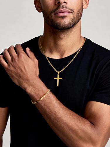 NORBU Stainless Steel Cross Necklace and Bracelet Set for Men, Cuban Link - color: Gold Box