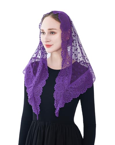 Wgior Triangle Vintage Inspired Lace Chapel Veils Catholic Mass Head Covering Scarf Mantilla Veils for Church - color: Dark Purple
