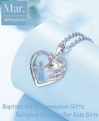 Easter Confirmation First Communion Baptism Gifts for Girls,Cross Birthstone Unicorn Necklaces for Daughter Granddaughter Niece Sister Christian Religious Gifts 16+3 Inches - color: 03.March