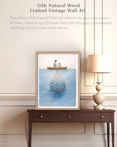 iHery 16x20in Miraculous Catch of Fish Framed Christian Wall Art - color: OAK Framed Fish, size: 20"L x 16"W