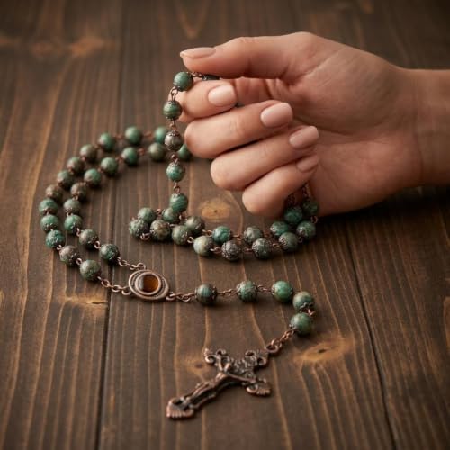Nazareth Store Vintage Design Rosary Natural Jasper Stone Beads Necklace Holy Soil Medal & Cross Crucifix Religious Rosaries Terra Santa Jerusalem Collection