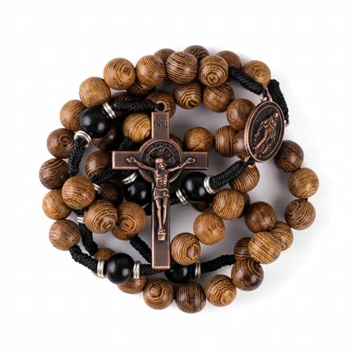 Nazareth Store Classic 10mm Solid Wood Rosary Beads Necklace for Men Olive & Dark Red Wooden Strong Rugged Corded Catholic Rosary with St.Benedict Medal & Cross Crucifix - color: Olive & Black Wood, style: Miraculous