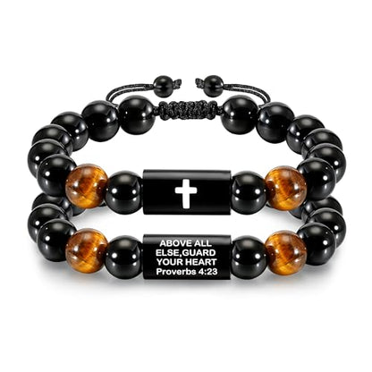 Natural Stones Handmade Cross Bracelet For Men Boys - color: Proverbs 4:23