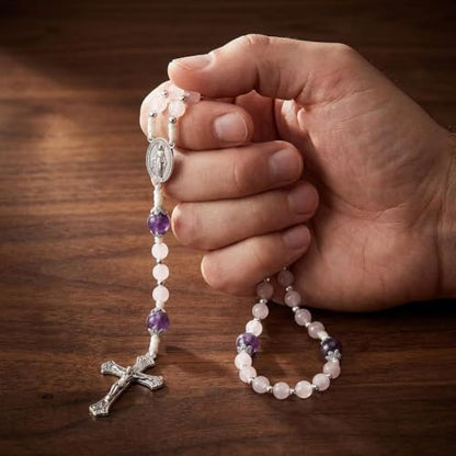 Nazareth Store 8mm White Jade & 10mm Natural Stone Beads Rosary Necklace St. Miraculous Medal & Cross Crucifix Catholic Prayer Beads Religious Jewelry - color: Amethyst