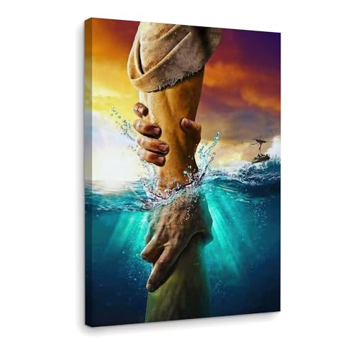 Framed Jesus Christ Canvas Wall Art The Hand of God Jesus Reaching Into Water Christian Painting Prints Biblical Wall Decor Religious Room Decor for Church Prayer Room Schools Hospitals 16" x 24" - color: Jesus 3, size: 24"L x 16"W