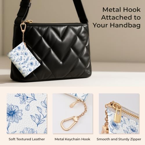 Blue Flower Keychain Coin Purse for Women, Small Change Pouch - color: Abstract Blue Flower