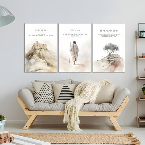 Set of 3 Framed Canvas Wall Art, Christian Bible Verse Psalm Watercolor Prints, Jesus Walking & Mountain Castle & Tree Religious Wall Decor for Home Bedroom Living Room Church 12x16inch - color: Jesus07, size: 16L" x 12W"