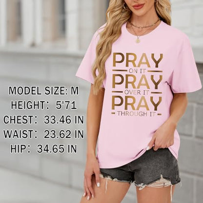 Tuislay Christian Shirts for Women Pray On It Pray Over It Pray Through It T Shirt Faith Graphic Tees Jesus Religious Tshirts - color: Pink, size: X-Large