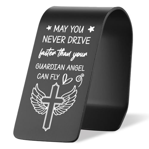 Vivopisew Black Engraved Stainless Steel Car Visor Clip, May You Never Drive Faster Than Your Guardian Angel Can Fly, Safe Driving Gifts for Family Friend Driver, Travels Graduation Gifts VVA338 - color: Black-May You Never Drive Faster Than Your