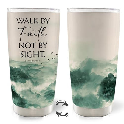 Christian Mountain Landscape 20oz Travel Coffee Mug Tumbler, Christian Gifts for Women Men, Walk By Faith Not By Sight Bible Verse Religious Stainless Steel Tumbler with Lid and Straw - color: faith