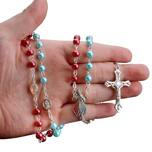 HanlinCC Divine Mercy Catholic Rosary Necklace with Steel Gift Box - color: Silver