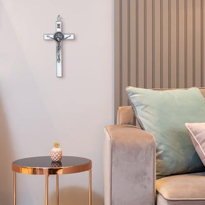 KOMI 7.5" Metal Crucifix Wall Cross with White Enamel Catholic Jesus Cross - color: White-Silver