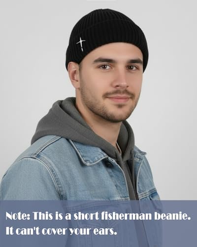 Men's Knitted Skull Cap Cross Embroidered Fisherman Beanie - color: Black