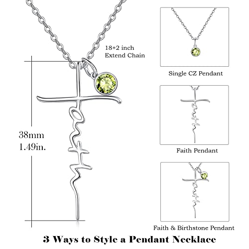 PRAYMOS Faith Cross Necklace for Women 925 Sterling Silver Pendant Necklace With Birthstone Initial Christian Religious Confirmation Baptism Mothers Day Gifts - color: 2-Silver August(Peridot)