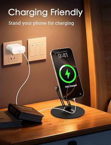 360° Rotating Cell Phone Stand for Desk, Adjustable Foldable Aluminum Phone Holder with Anti-Slip Base, Sturdy Desktop Stand Compatible with iPhone, iPad, Android Phones – Black - color: Black