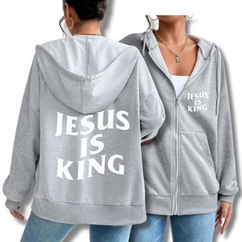 JESUS IS KING ZIP UP Hoodie, Unisex Christian Pullover Double Sided Zipup Sweatshirt with Front Pockets - color: Grey, size: 3X-Large