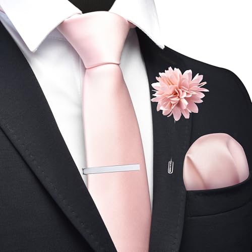 Branduce 3.15"（8cm） Mens Tie and Lapel Pin Solid Necktie Handkerchief Tie Clip Set for Men - color: Blush Pink